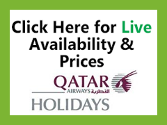 A promotional graphic with the text Click Here for Live Availability & Prices above the Qatar Airways Holidays logo, on a white background with a green border.
