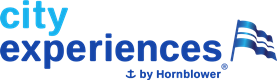 City Experiences by Hornblower logo with a blue and white flag icon on the right, gradient blue text, and a nod to DIY Travel Tools for modern explorers.