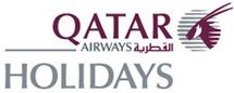 Qatar Airways Holidays logo with text in English and Arabic, featuring the maroon Qatar Airways oryx symbol on the right.