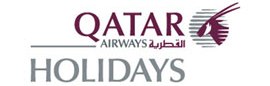 Qatar Airways Holidays logo featuring the text QATAR AIRWAYS HOLIDAYS and a maroon oryx head over striped lines. Arabic text appears beneath AIRWAYS.