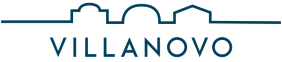 Blue geometric line forms the outline of villas and chalets rooftops above the word VILLANOVA in blue, uppercase letters.